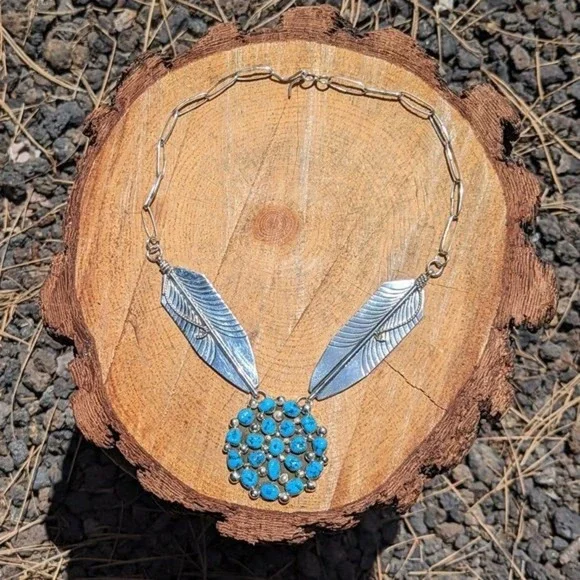 Native American Chain Necklace Handmade Cluster Turquoise 2 Large Leaves*** - Picture 3 of 11